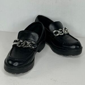 Esprit Briley Black Loafers Lug Sole Chunky Silver Chain Y2K Sz 7 1/2
